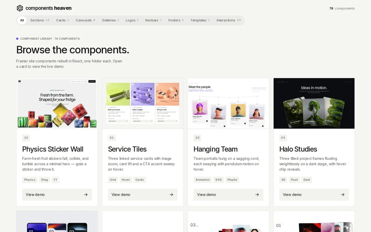 Components Heaven library homepage, with a grid of rebuilt site-component demos.