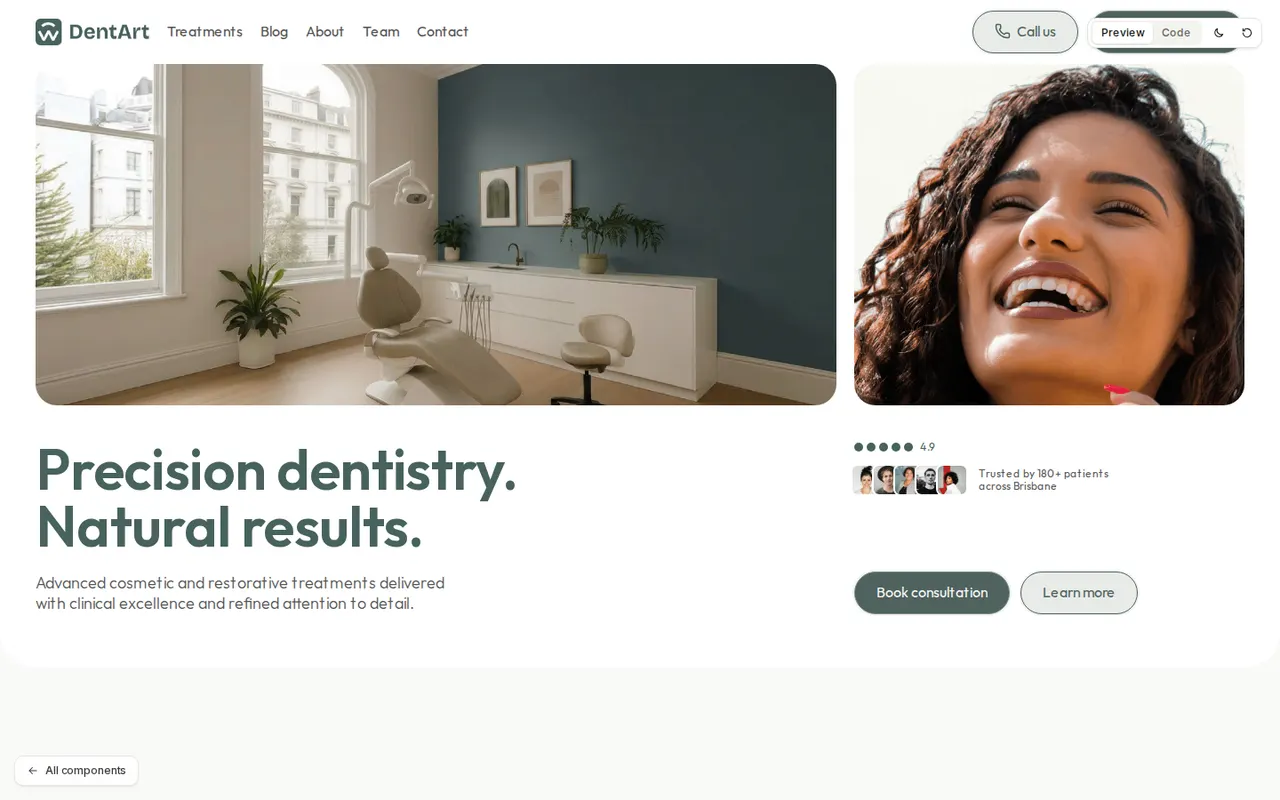 DentArt dental clinic template homepage, with a treatment room and the headline Precision dentistry.